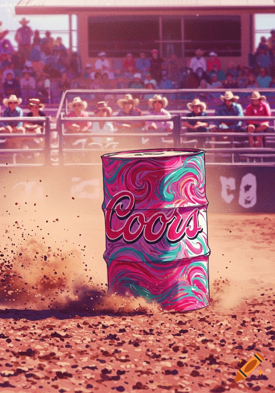 A colorful, stylized Coors barrel kicks up dirt in a rodeo arena with blurred spectators in the background.