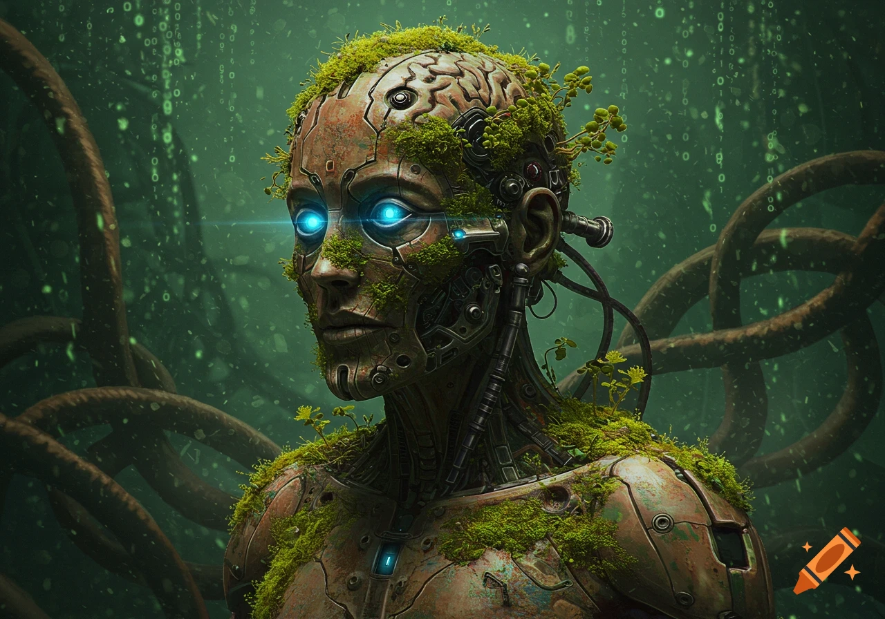 A close-up of a rusted cyborg head with glowing blue eyes, covered in green moss and vines, against a digital green background.