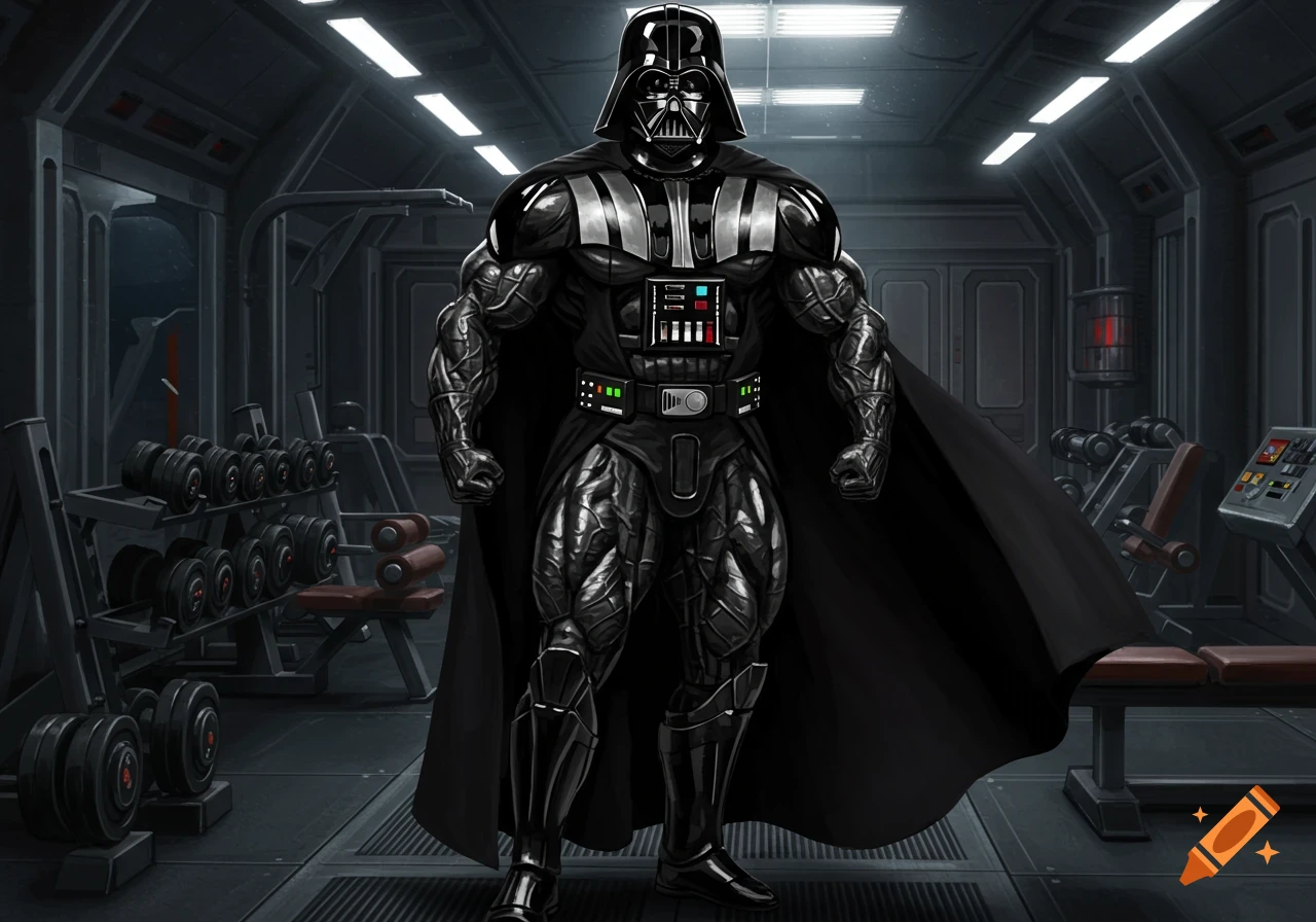 Darth Vader, with exaggerated bodybuilder musculature, stands in a dark, futuristic gym surrounded by weights and equipment.