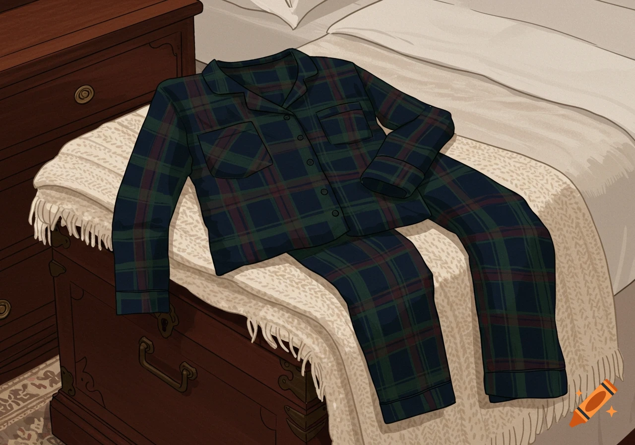 Dark plaid flannel pajamas rest on a cream-colored knitted blanket at the foot of a bed, next to a dark wooden dresser, in an illustrated style.