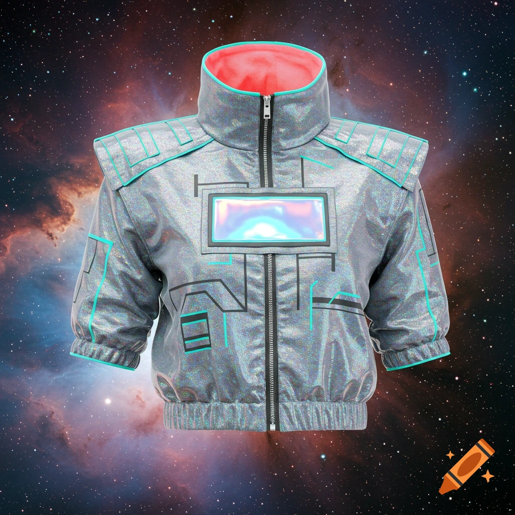A shimmering silver retro-futuristic cropped jacket with teal trim and a glowing rectangular panel, set against a vibrant space nebula background.