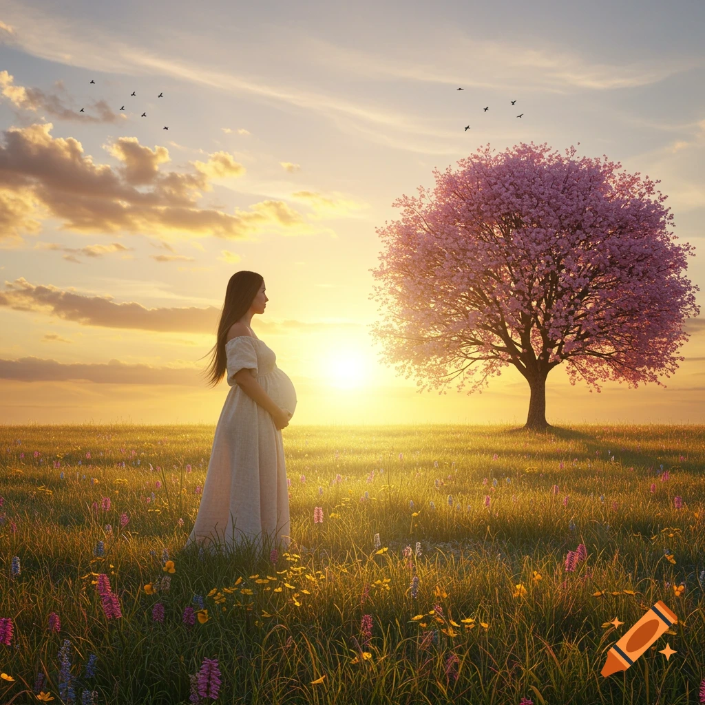A pregnant woman stands in a field of wildflowers at sunset beside a pink blossoming tree, looking into the distance.