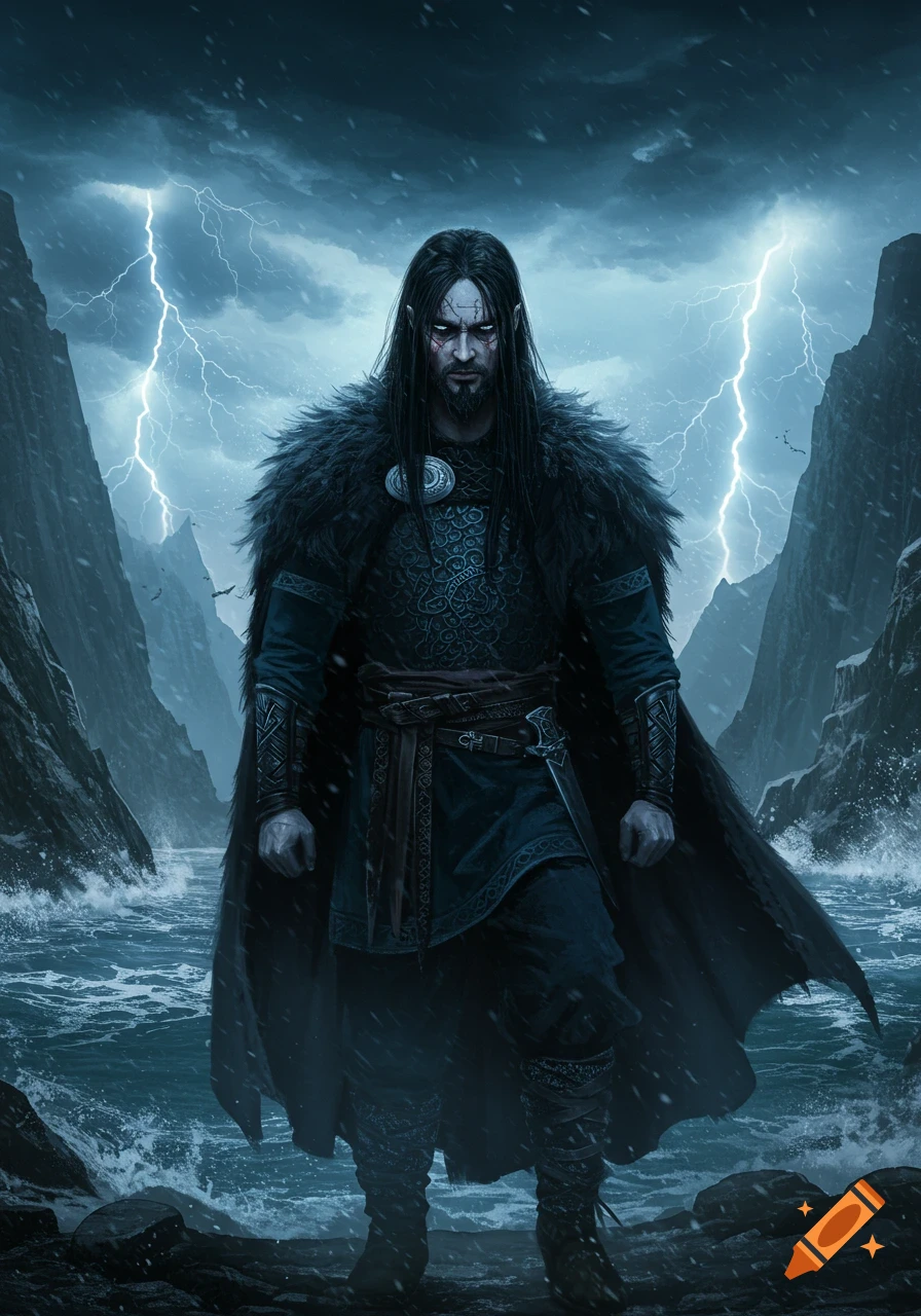 A dark-haired man with facial scars and a fur cloak stands on rocks by a stormy sea with crashing waves and lightning in the sky.