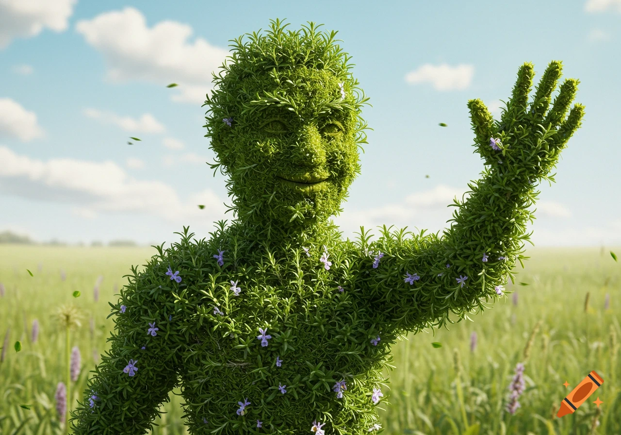 A hyperrealistic man made of rosemary, with a smiling face and waving hand, stands in a green field.
