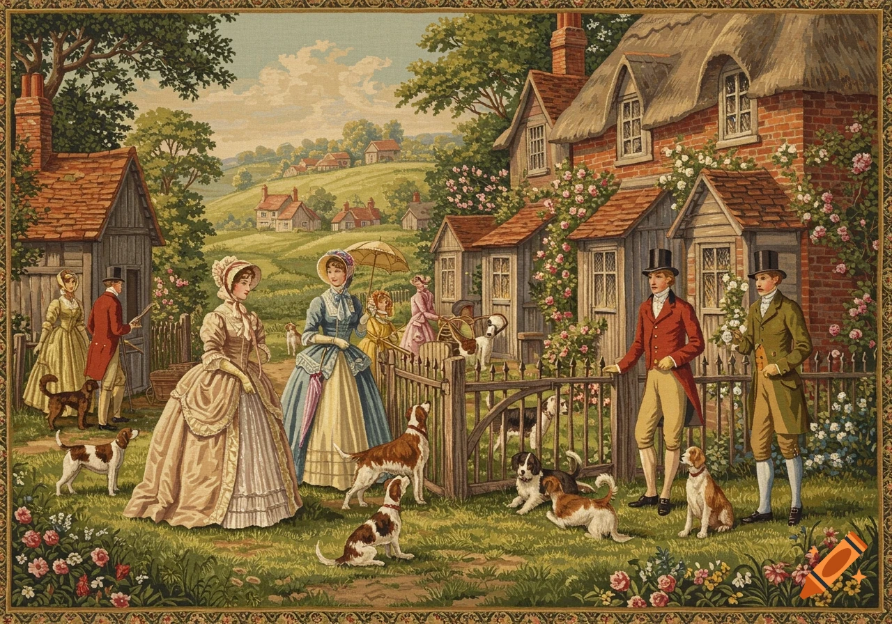 A Victorian-era painting of people and dogs gathered near hillside cottages and kennels in a lush rural landscape.