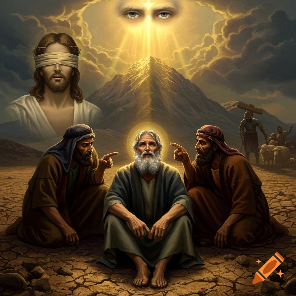 A dramatic biblical scene: Job endures accusations, looking heavenward. Above, blindfolded Jesus and God's eye oversee a radiant mountain.