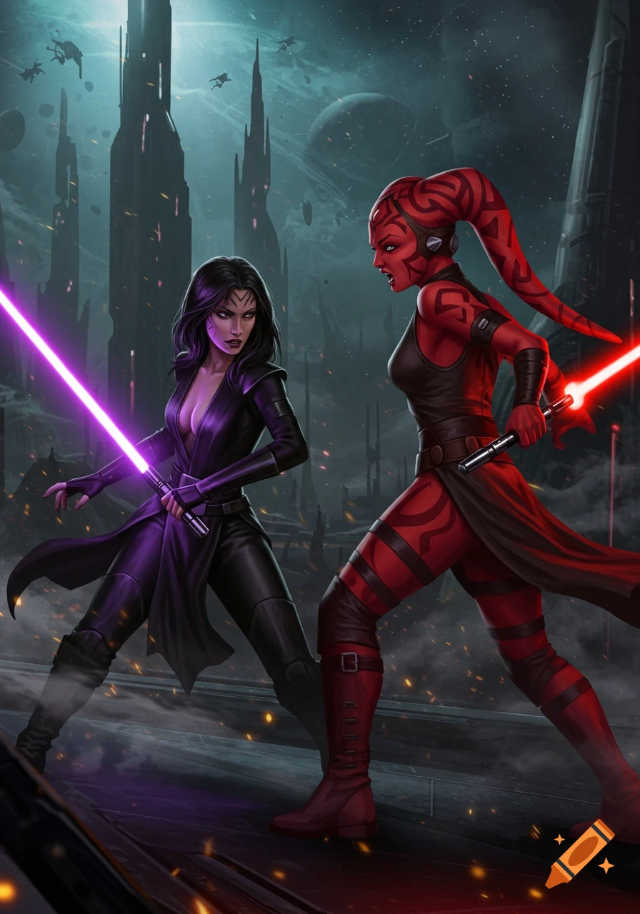 Two female Sith, one with purple lightsaber, one a red Twi'lek with a red lightsaber, duel in a futuristic city. Digital art.
