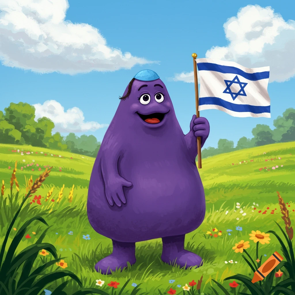 A cartoon Grimace wearing a blue yarmulke stands in a grassy field, holding an Israeli flag.