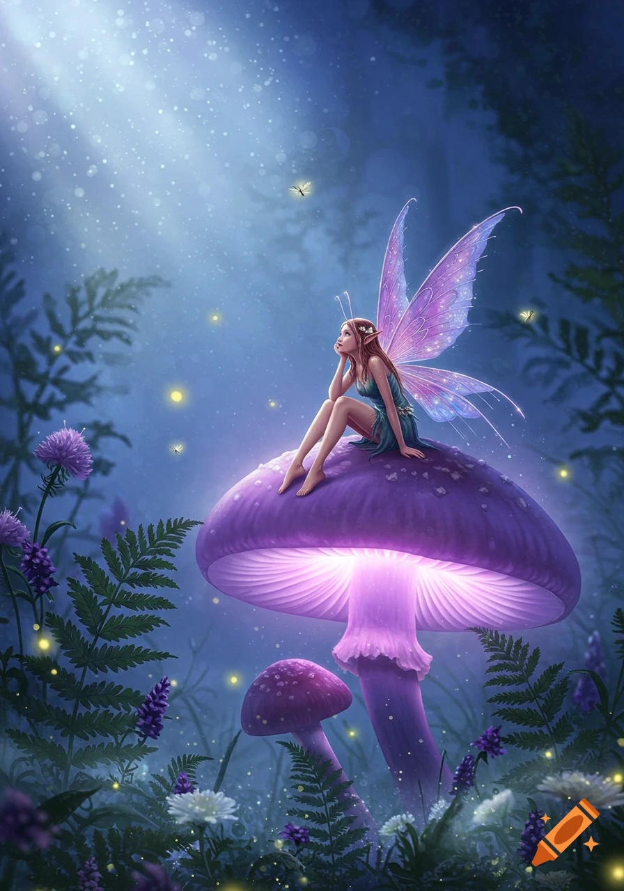 A beautiful fairy with large, glowing purple wings sits on a luminous purple mushroom in an enchanted forest.