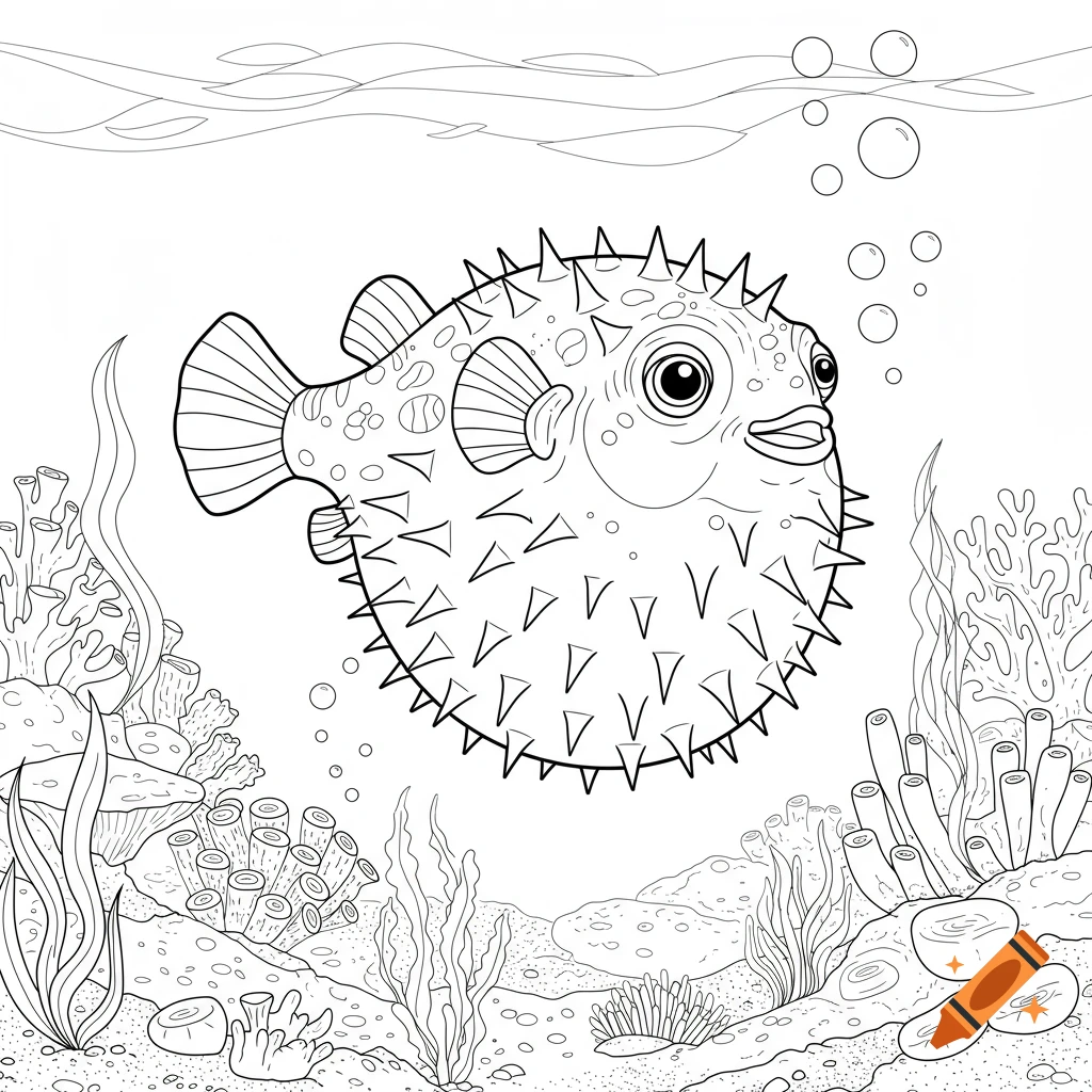 A black and white line drawing of a pufferfish swimming amidst coral and seaweed, designed as a coloring page.