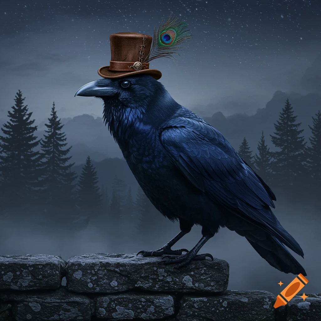 A black raven wearing a brown top hat with a peacock feather sits on a stone wall at night with misty trees and mountains under a starry sky.