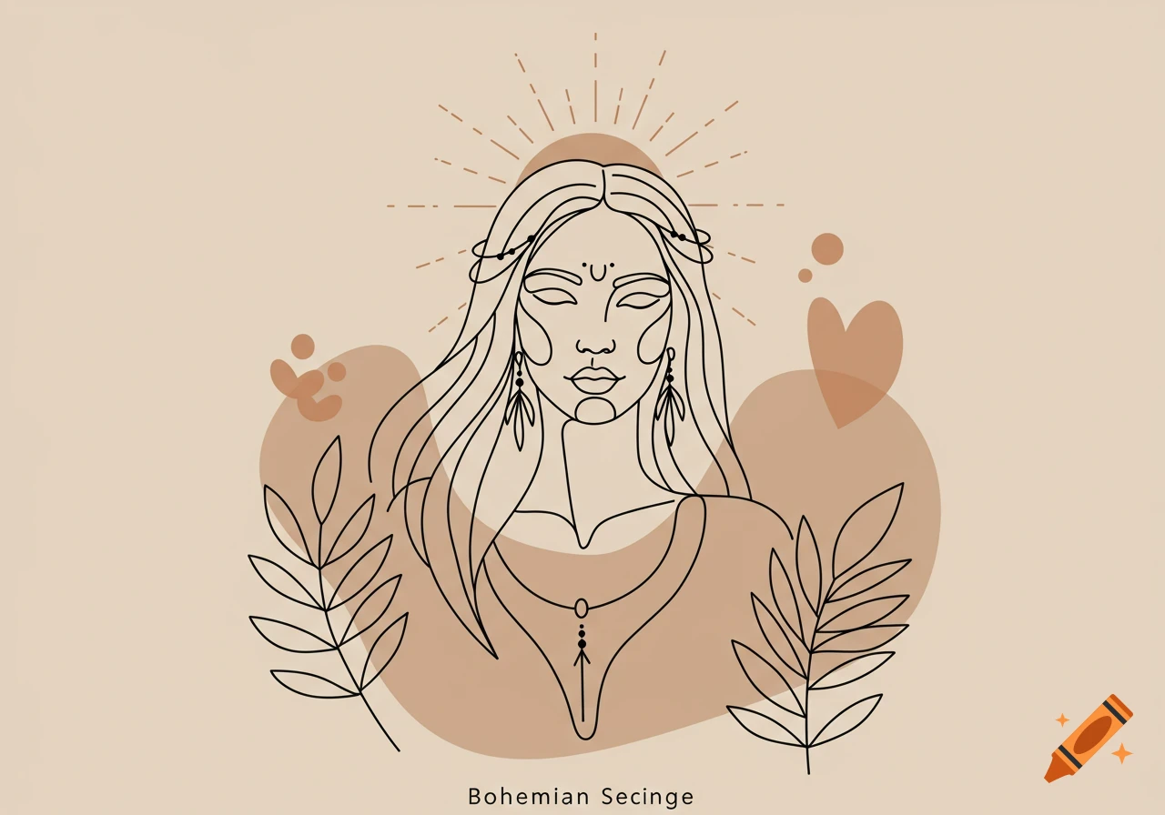 A minimalist line art portrait of a woman with long hair and bohemian-style adornments, against a warm, abstract background with leaves.