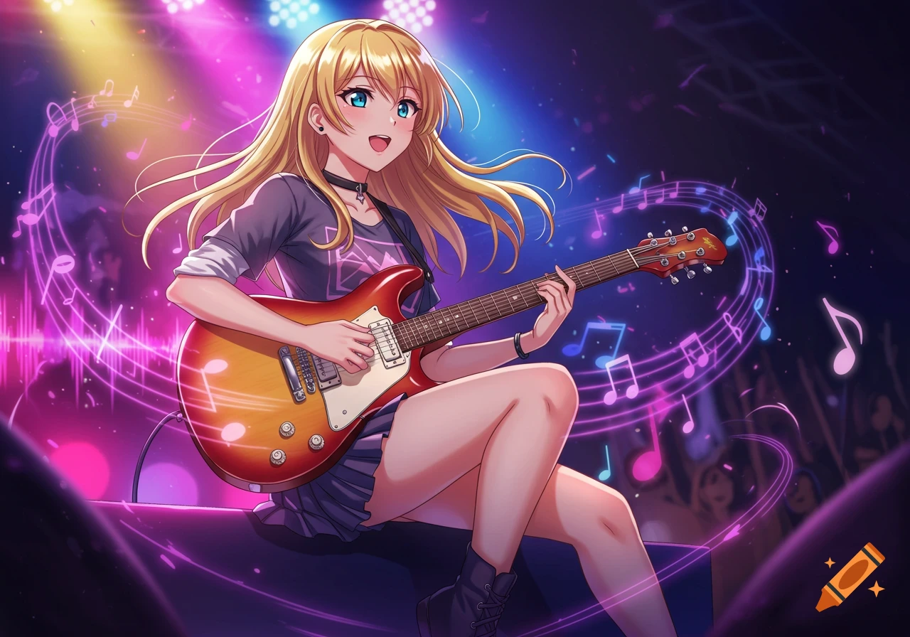 Anime girl with blonde hair and blue eyes playing an electric guitar on a stage with bright pink and purple lights and floating music notes.