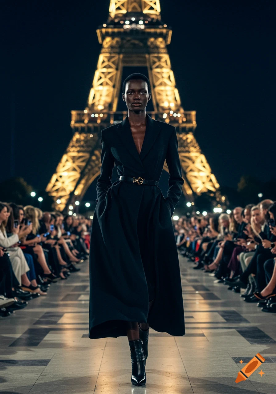 A Black model in a black coat and leather boots walks a runway at night with the illuminated Eiffel Tower in the background and an audience watching.