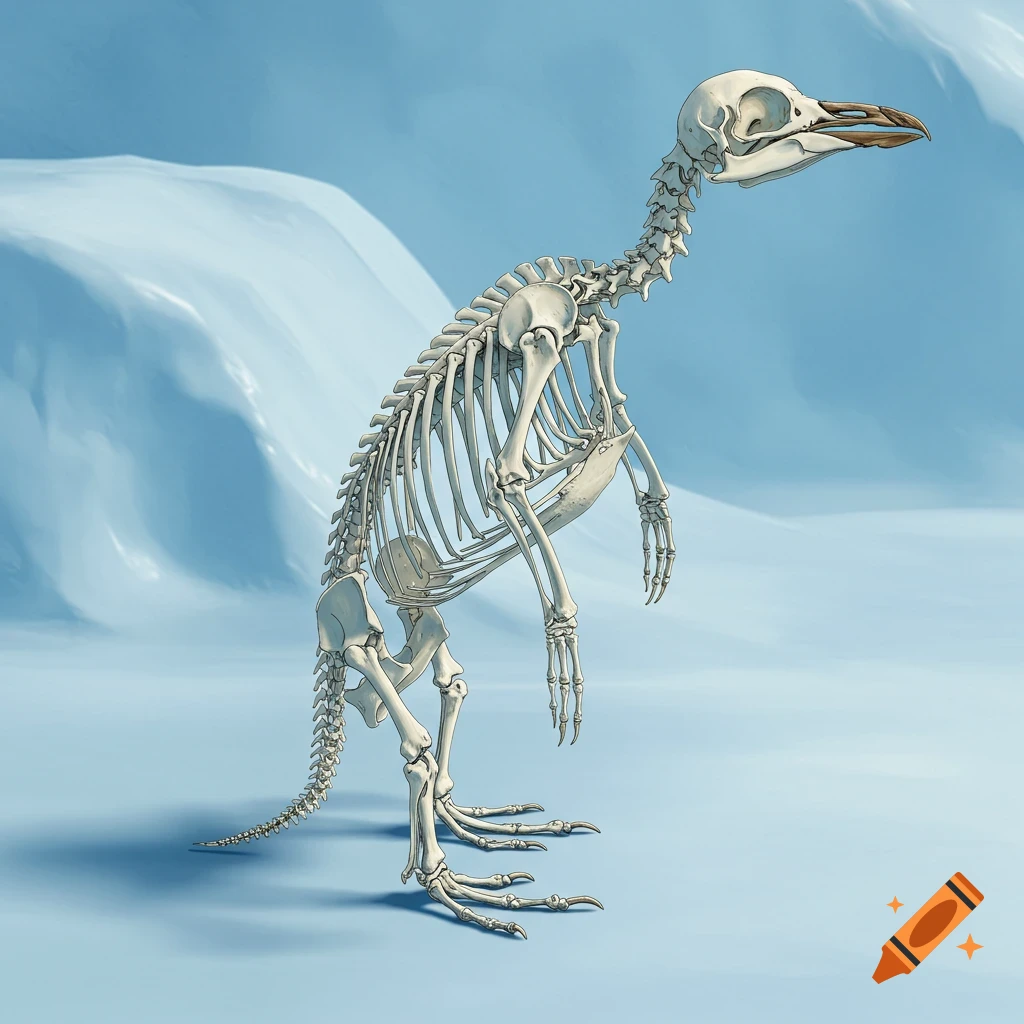 A full skeleton of a penguin stands upright on a light blue icy ground.