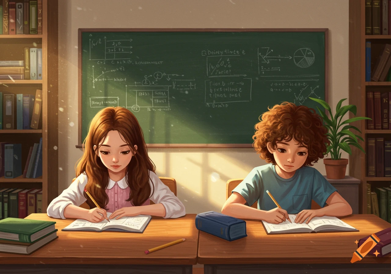 An illustration of a girl and a boy sitting at desks in a sunny classroom, writing in notebooks while a blackboard with illegible text is behind them.