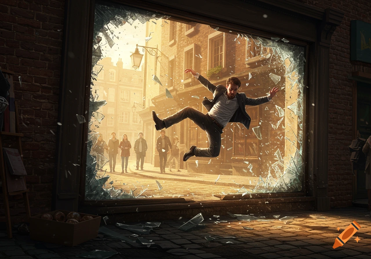 A man dramatically flies through a shattering shop window onto an urban street, glass shards exploding around him.