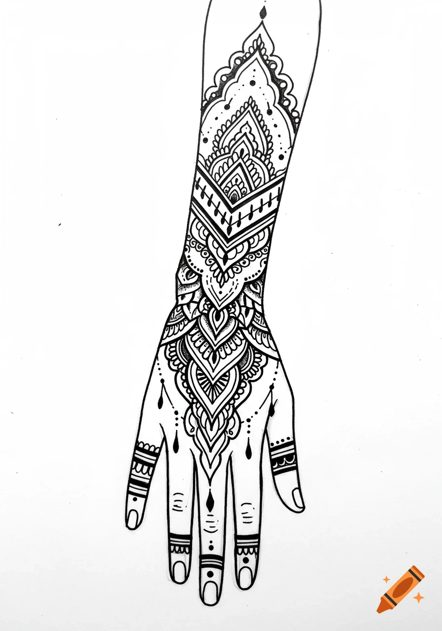 Black and white line art of a hand and forearm with an intricate henna-style tattoo design.