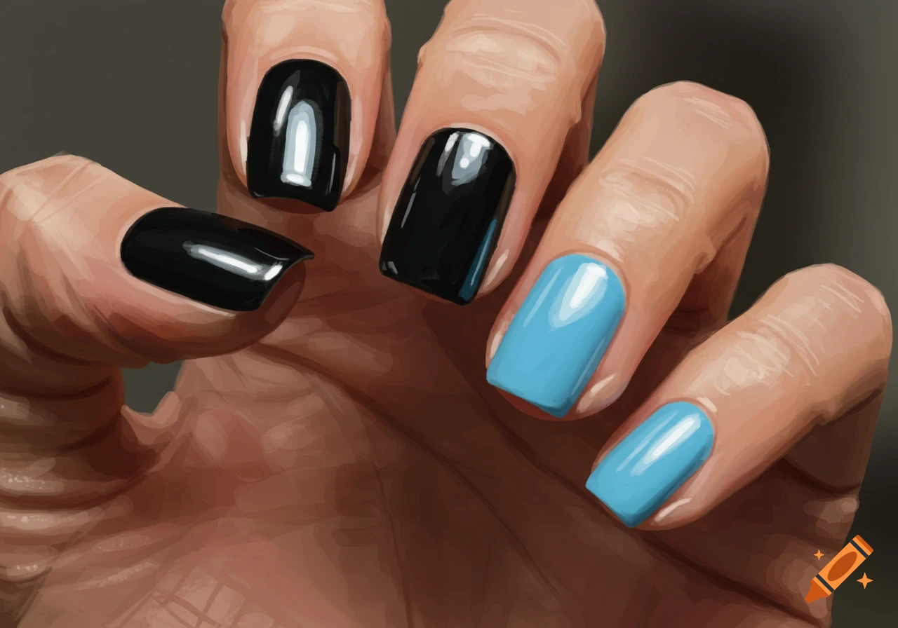 Close-up digital painting of a hand with black and sky blue nail polish.
