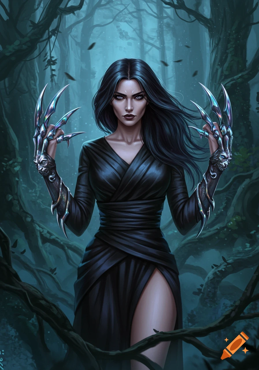 A dark-haired woman in a black dress with metallic claws stands in a misty, dark forest, illustrated in a fantasy style.