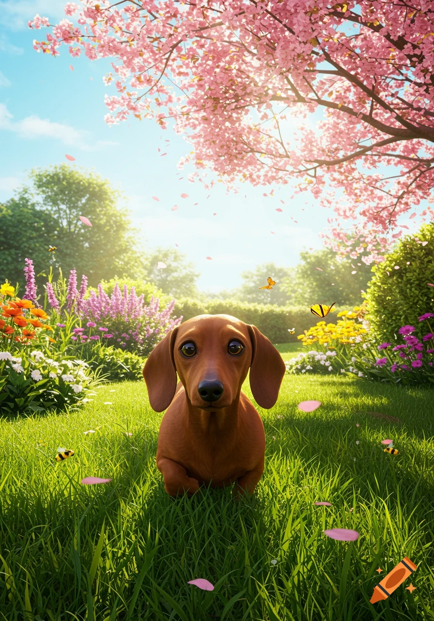 A cute dachshund sits in a sunny garden filled with blooming flowers, green grass, and pink cherry blossoms falling from a tree above.