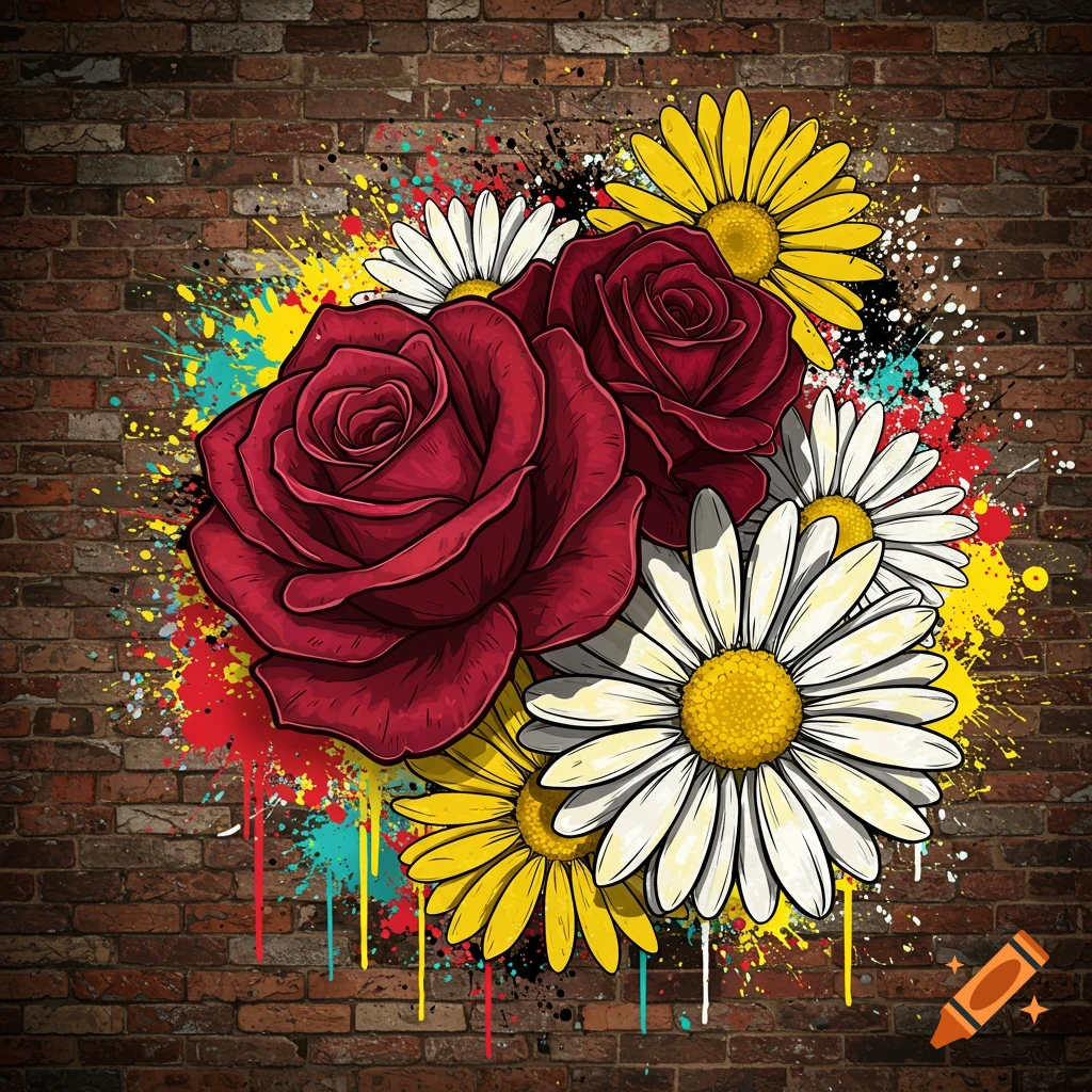Vibrant graffiti-style red roses and white and yellow daisies with colorful paint splatters on a brick wall, vector art.