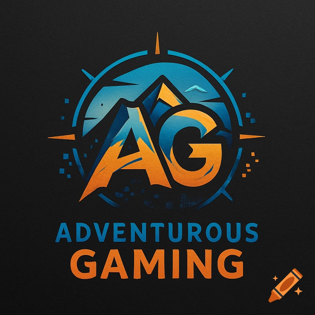 Blue and orange logo for 'Adventurous Gaming' with mountains, compass rose, and letters 'AG' in a circle, text below.