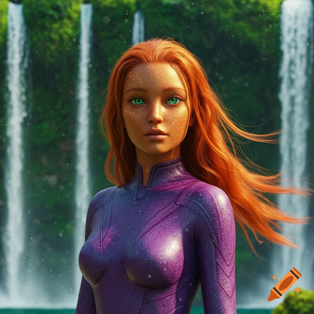A red-haired character with green eyes and orange skin in a purple suit stands in front of waterfalls.