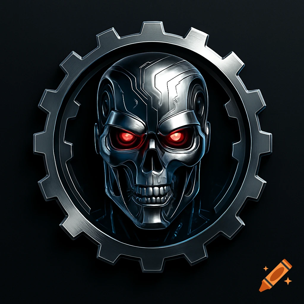 A silver metallic robot skull with glowing red eyes is centered within a dark gray gear, set against a black background.