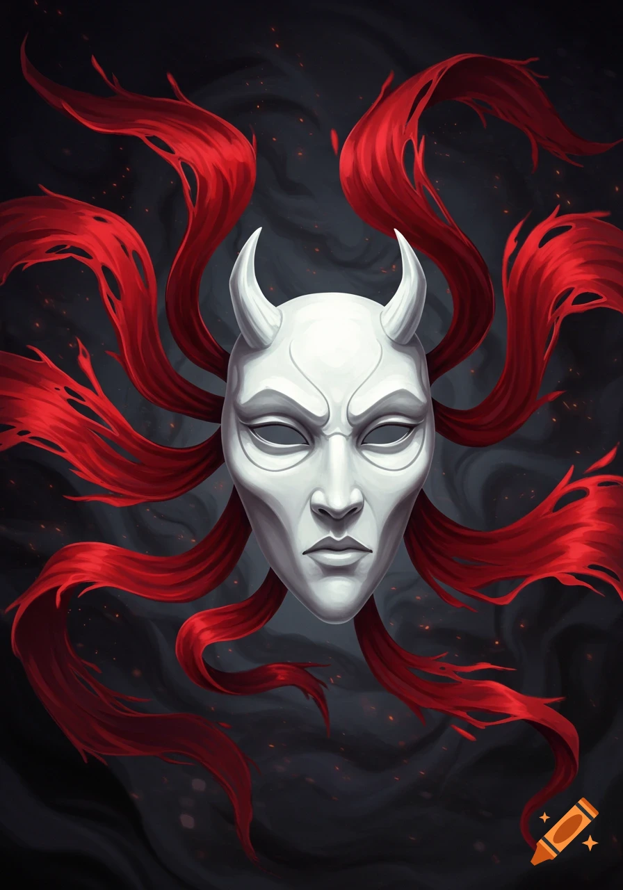 A white demonic mask with horns and empty eyes, surrounded by flowing red ribbons against a dark, smoky background.