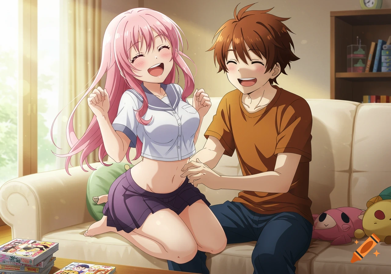 A smiling anime girl with pink hair is tickled by a smiling anime boy with brown hair on a sofa in a sunny room.