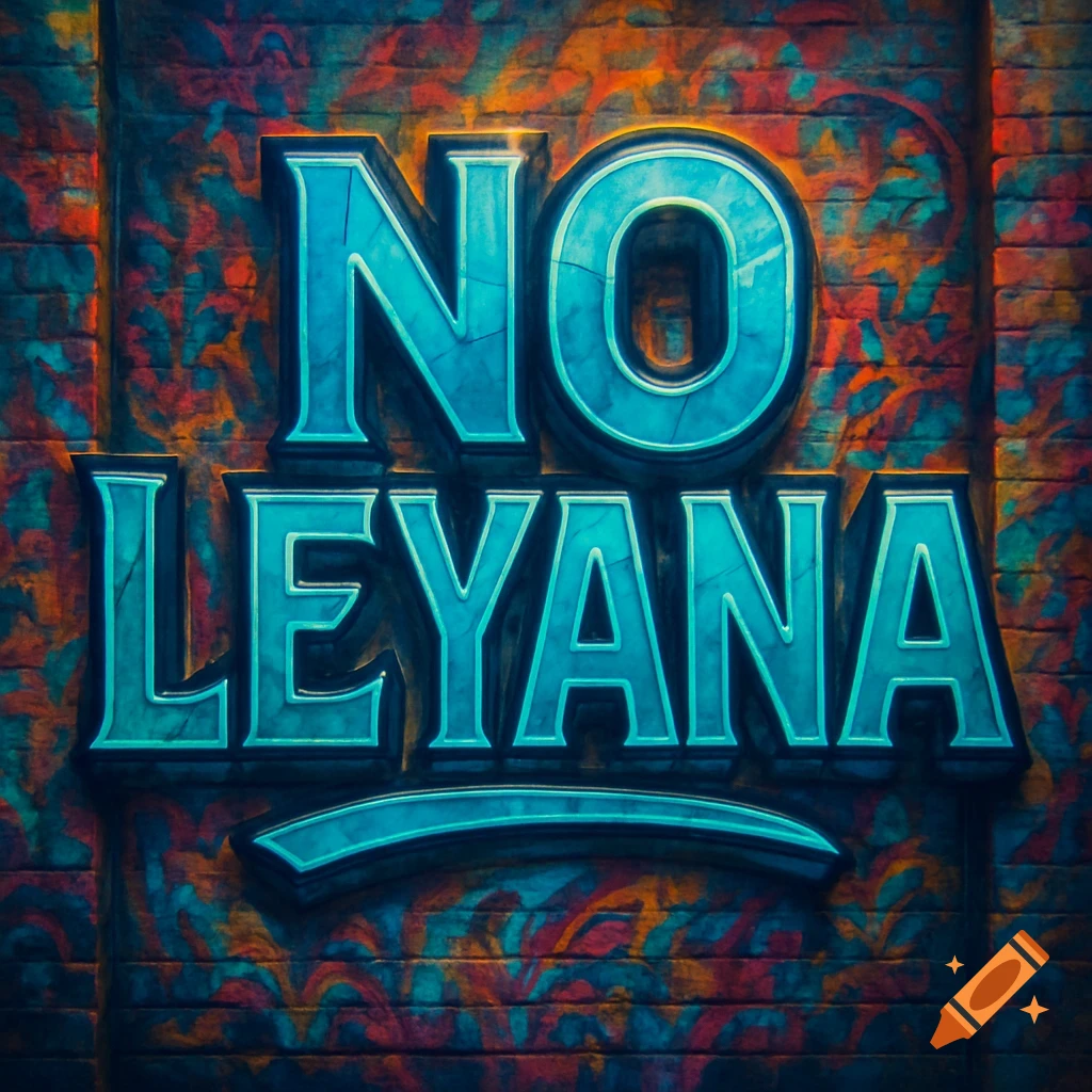 A colorful sign on a textured wall displaying the words 'NO LEYANA' in blue-green letters.