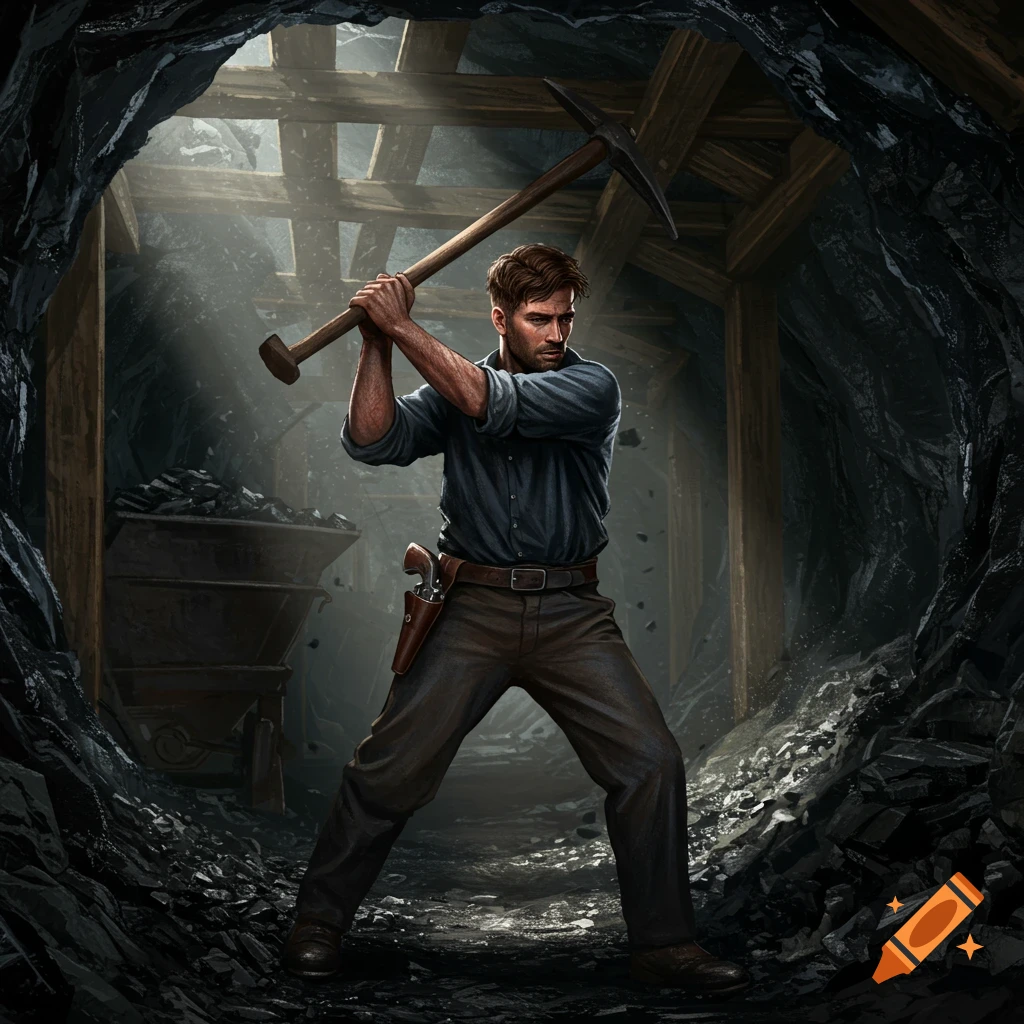A man in a dark mine swings a pickaxe, mining coal, with a holstered revolver. He looks dirty.