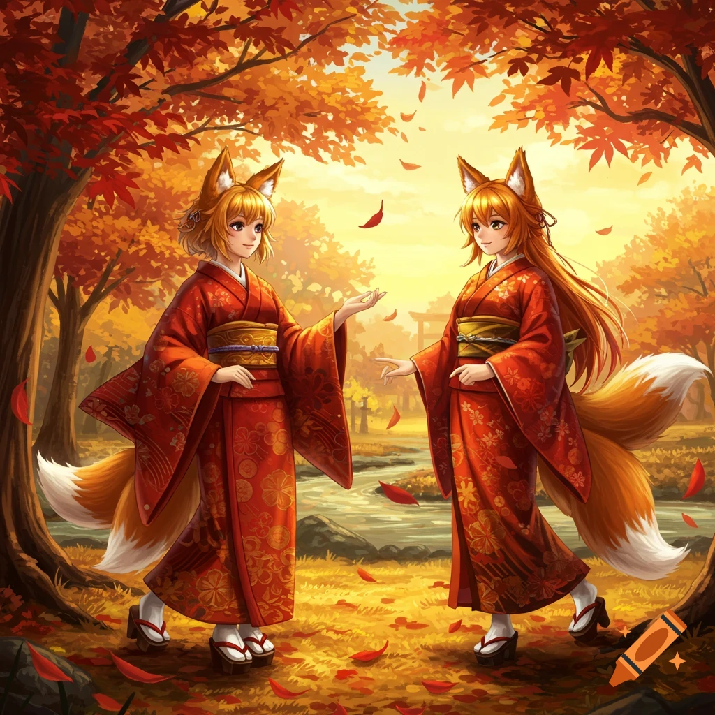 Two anime fox girls in red kimonos stand in an autumn forest with falling leaves and a stream.