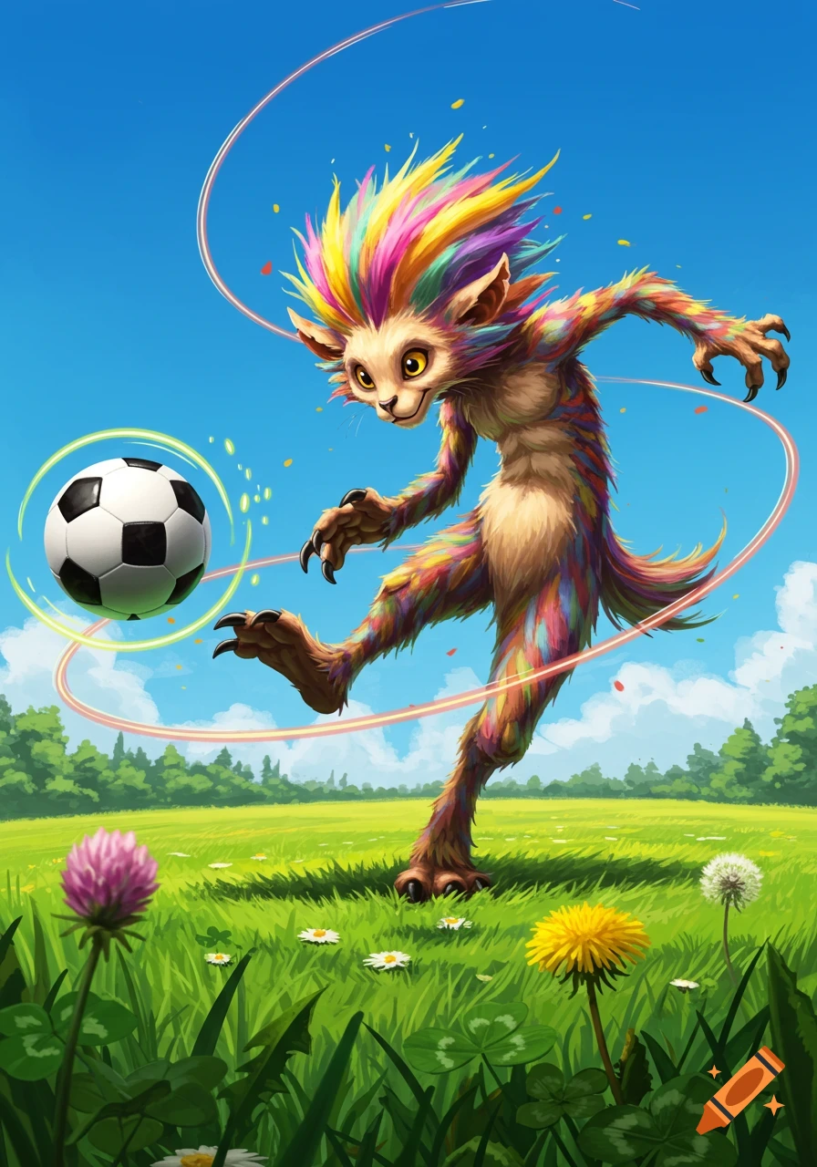 A colorful, furry fantasy creature with rainbow hair kicks a soccer ball in a vibrant green field under a blue sky.