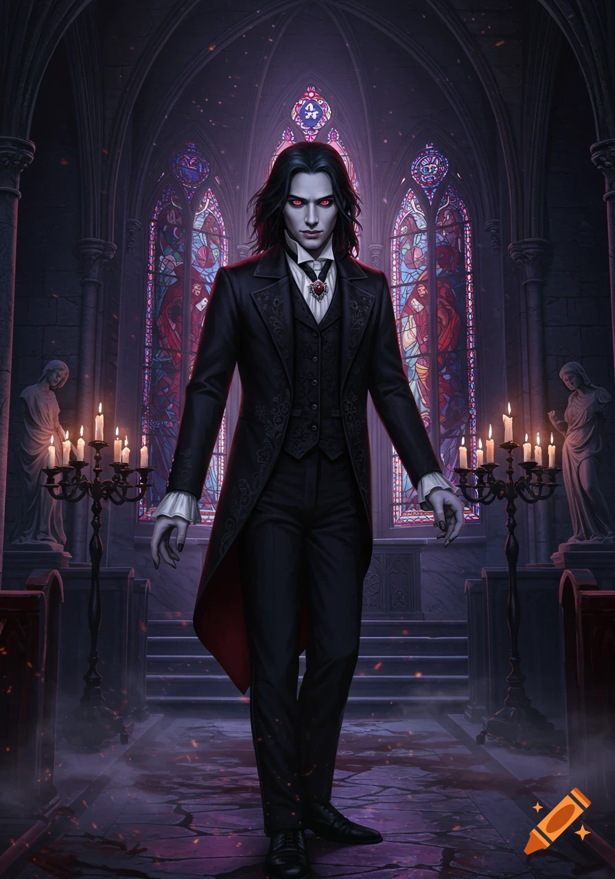 A pale male vampire with dark hair and red eyes, dressed in a black suit, stands in a gothic church with stained glass windows.