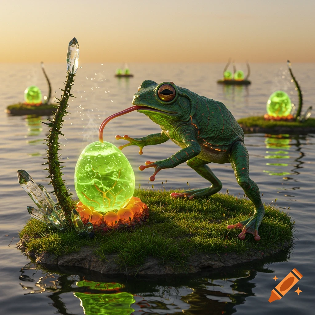 A vibrant green frog-like creature licks a glowing green egg on a small grassy island in a calm ocean at sunset. Detailed and fantastical.