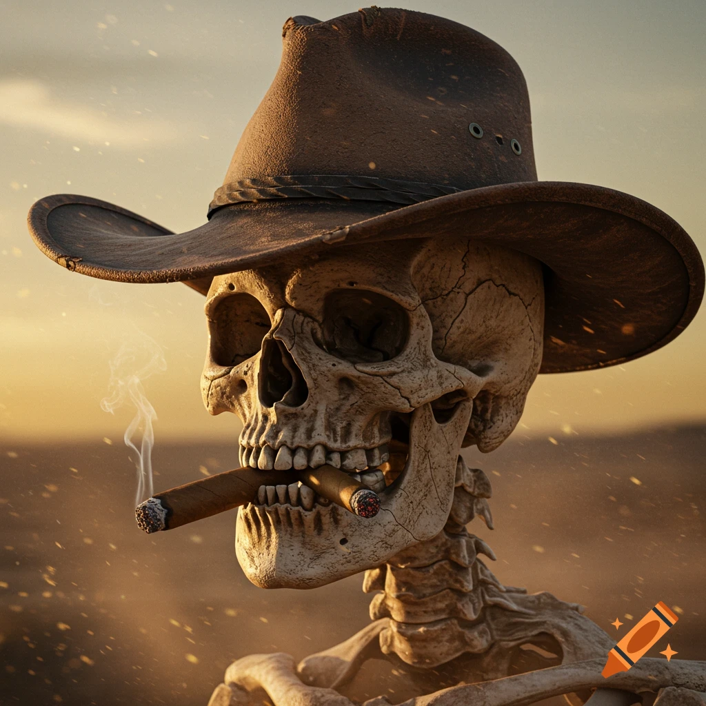 Photorealistic image of a skeleton wearing a cowboy hat and smoking a cigar in a dusty, sunlit desert landscape.