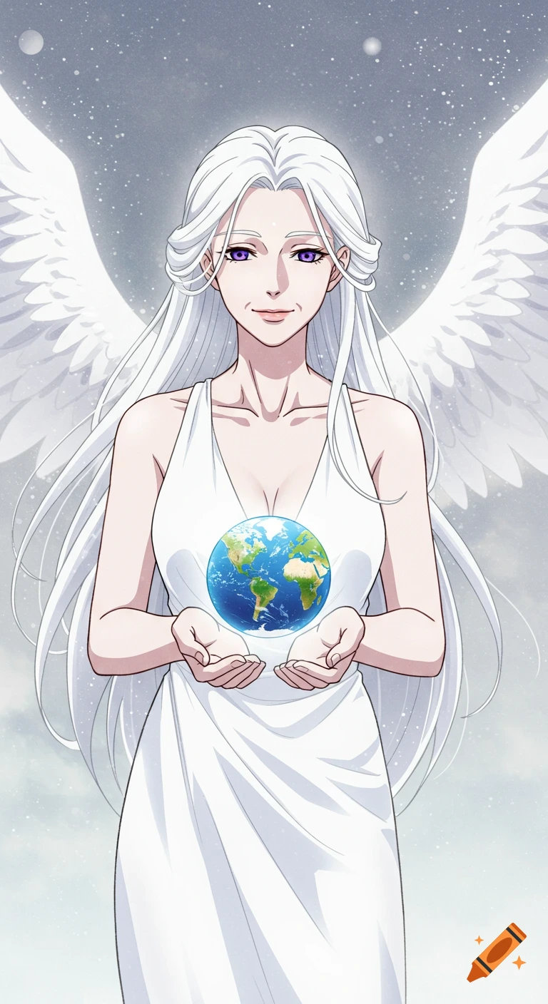 Anime illustration of a white-haired woman with wings and purple eyes, wearing a white dress, holding a small globe of Earth.