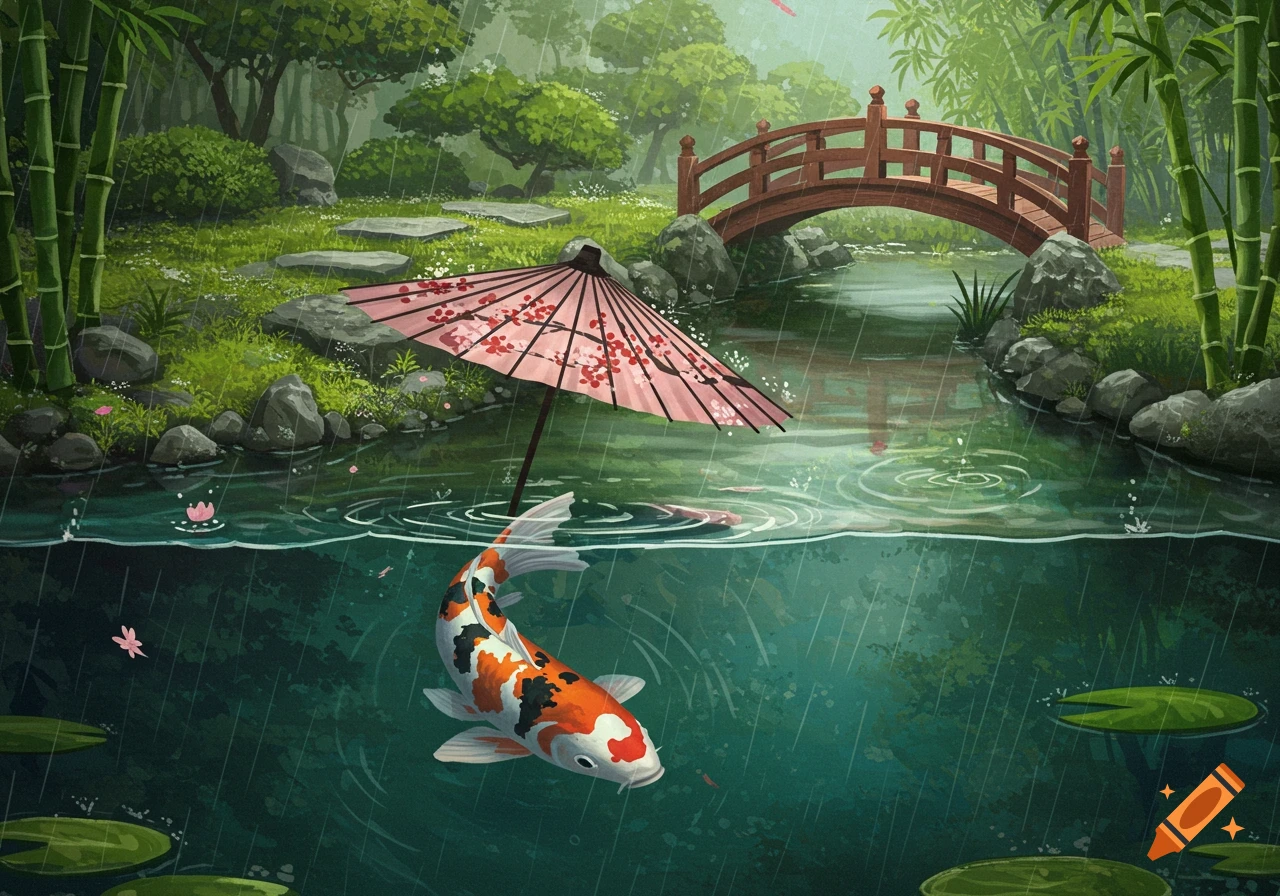 A colorful koi fish swims in a rainy pond in a Japanese garden, with a pink umbrella resting on the water and a wooden bridge in the background. Digital illustration.