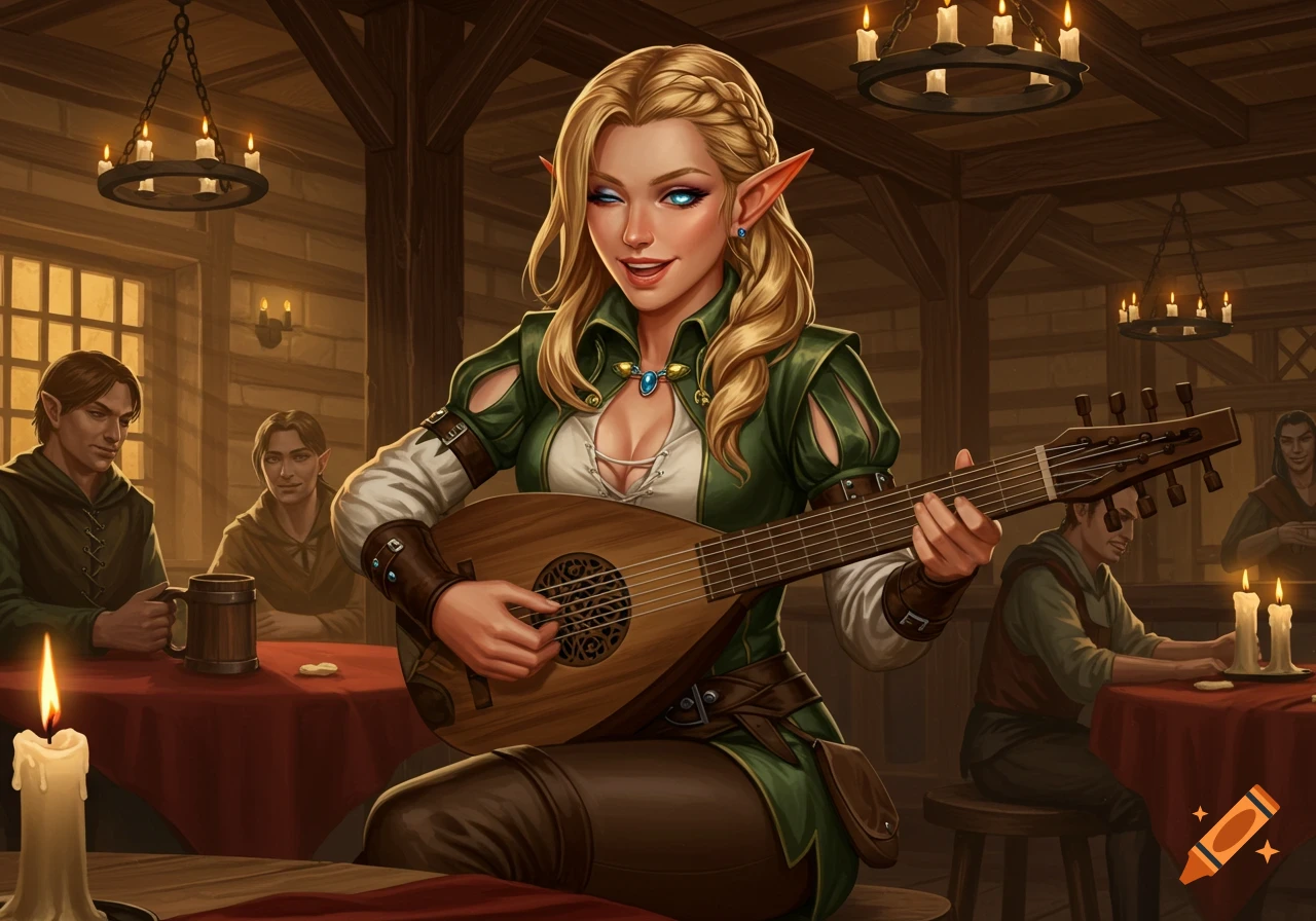 A beautiful high elf bard with blonde hair and blue eyes plays a lute in a candlelit medieval inn, with other patrons in the background.
