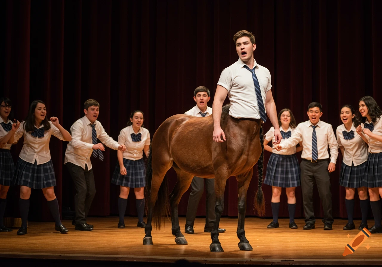 A male student centaur on stage in a school uniform, singing with other students in uniform, some of whom are playfully pulling his tail.