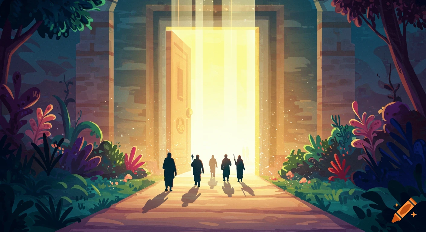 Vector art of five silhouetted figures walking on a path towards a brightly glowing open doorway in a lush, stylized landscape.