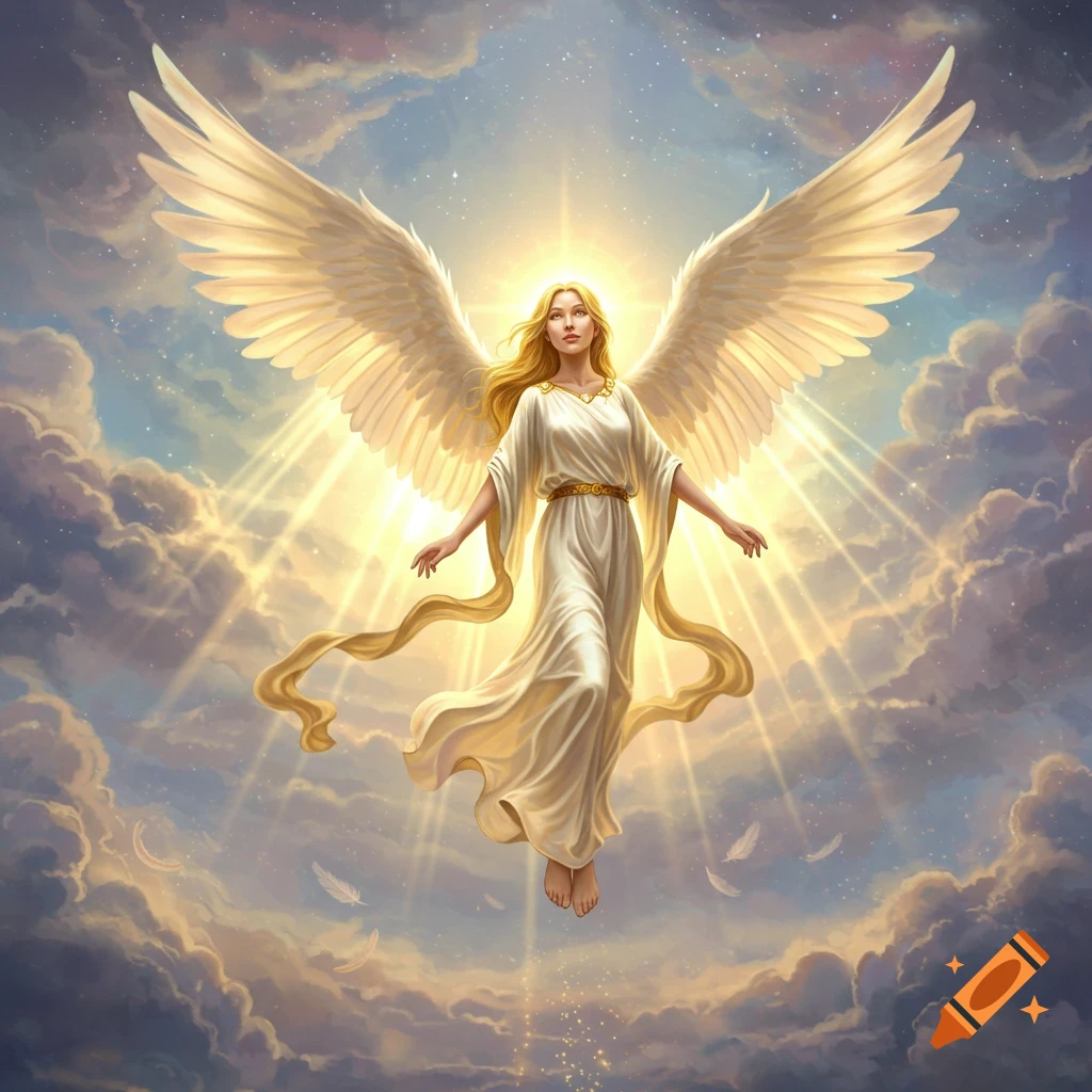 A blonde angel with large white wings floats in a bright, cloudy sky with sun rays.