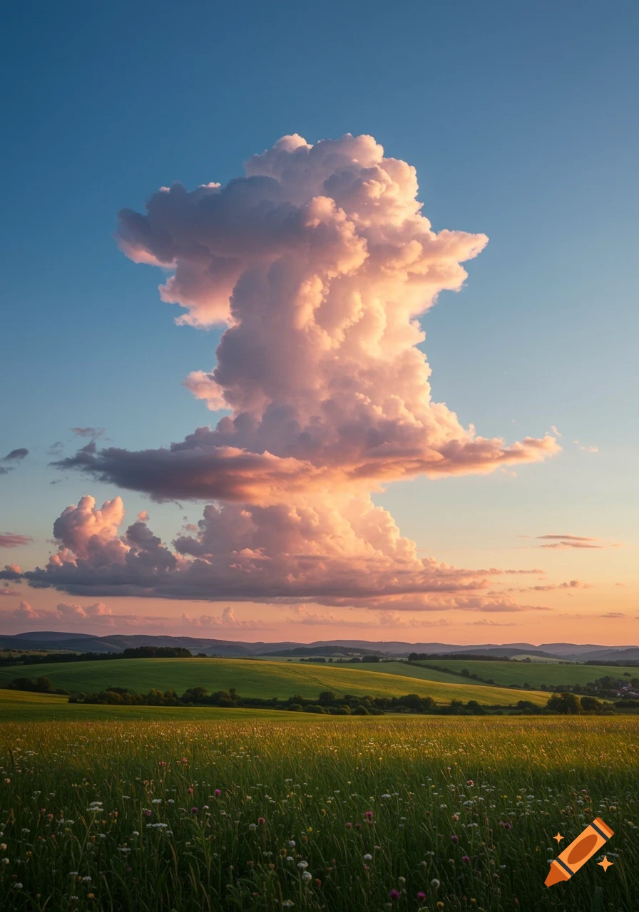 A large, billowy cumulus cloud, lit by the golden light of sunset, rises above a vast green field with rolling hills.