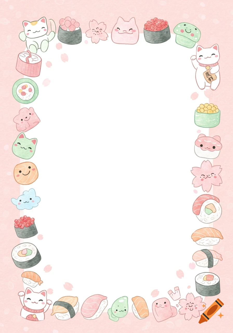A cute watercolor border featuring kawaii-style sushi pieces, lucky cats, and cherry blossoms on a light pink background with a blank white center.