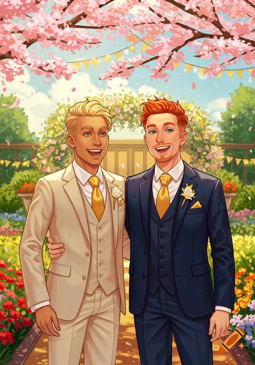 Illustrated image of two smiling men in suits at an outdoor wedding under cherry blossoms.