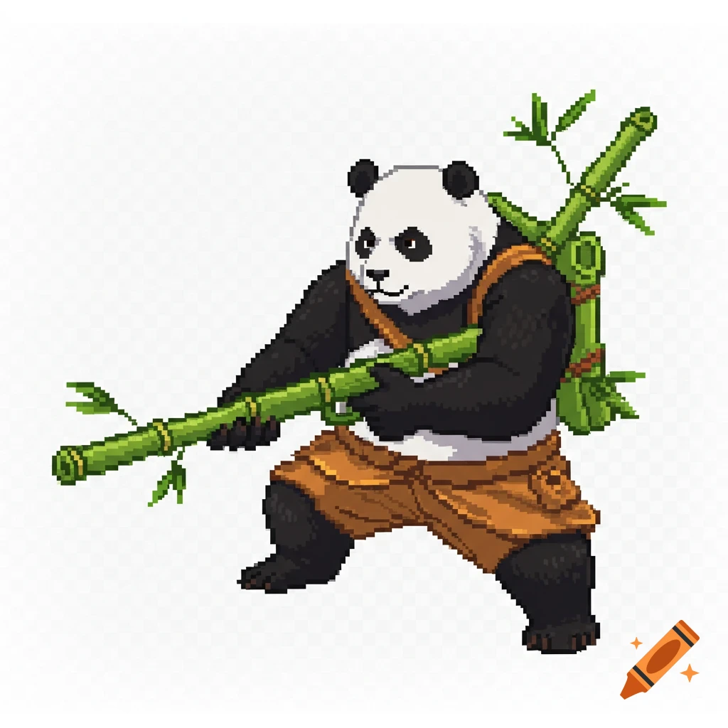 Pixel art panda character aiming a bamboo gun, with a bamboo bundle on its back, against a transparent background.