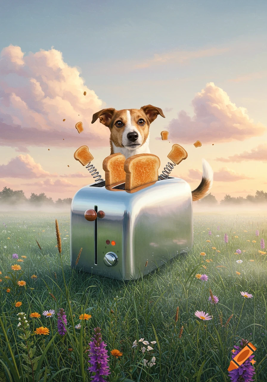 A brown and white dog's head and tail emerge from a chrome toaster in a grassy field with wildflowers under a cloudy sky, with toast popping out.