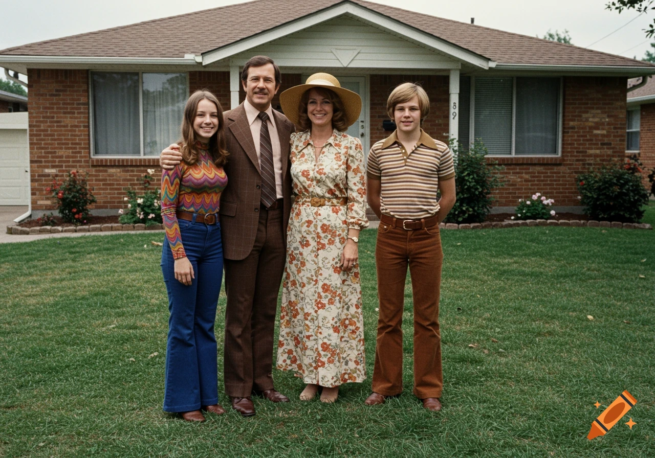 A family of four, dressed in 1970s fashion, poses smiling on a green lawn in front of their brick house.